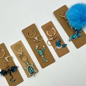 Blue Rhinestone Animal Keychain Bundle | 6-Pack Gold Tone Purse Charms